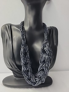Multi Strand Seed Bead Necklace Twisted Navy Black Statement Jewelry