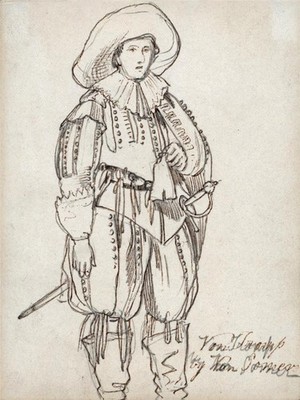 Portrait nach van Somer - Antike Miniatur Feder & Tusche Zeichnung 19. Jahrhundert