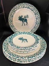 8 Folk Craft Moose Country Plates Spongeware 4 Dinner and 4 Salad Tienshan Vtg