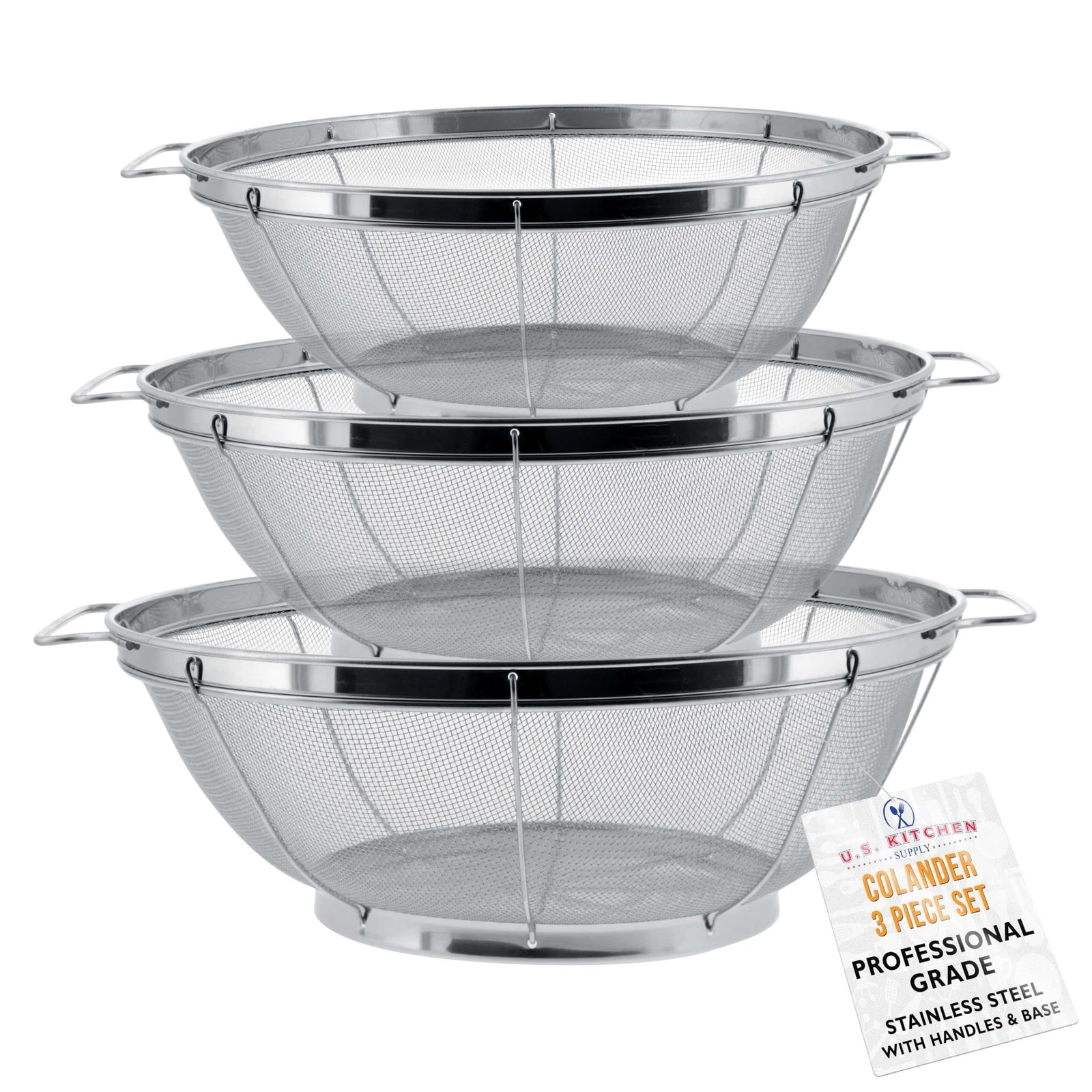 Set of 3 Stainless Steel Colander Strainers Net Baskets 5, 4, & 3-Quart - Col...