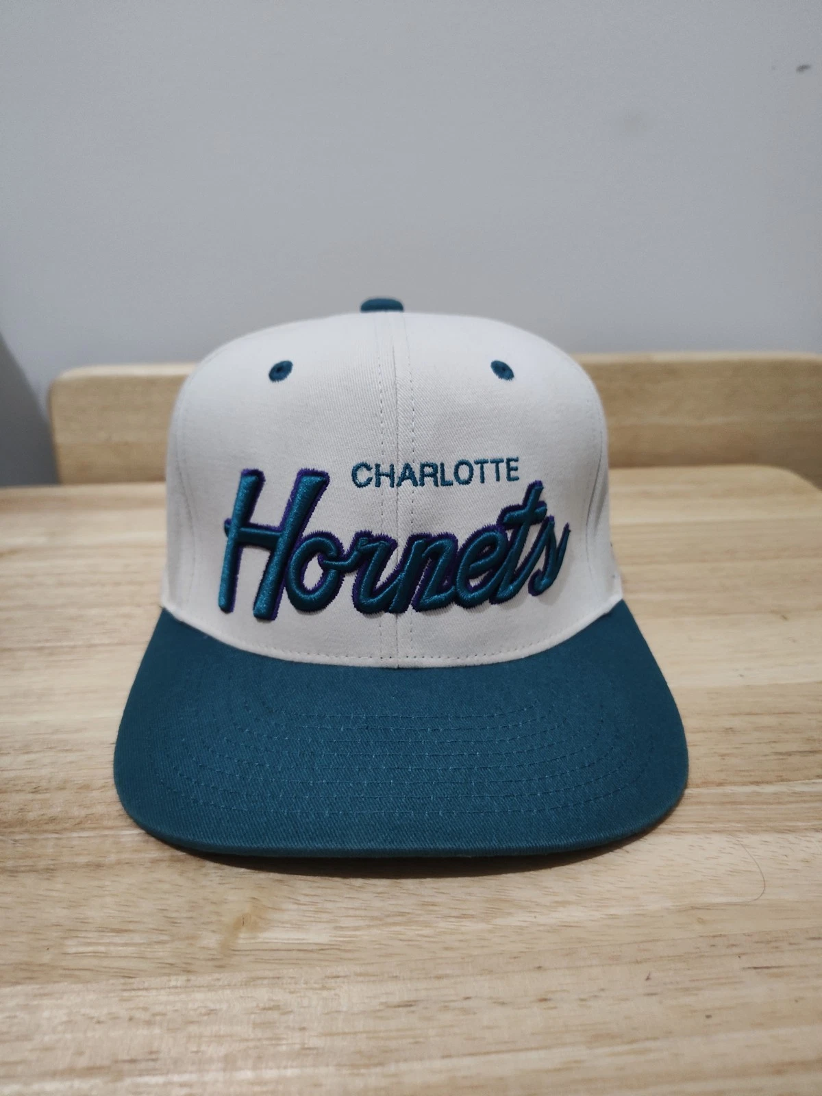 Vintage Charlotte Hornets Two Tone Twill Script Snapback Hat image 1