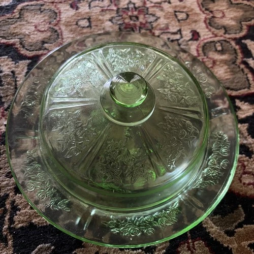 Green Depression Glass Round Butter Dish Sharon Cabbage Rose Excellent Condition