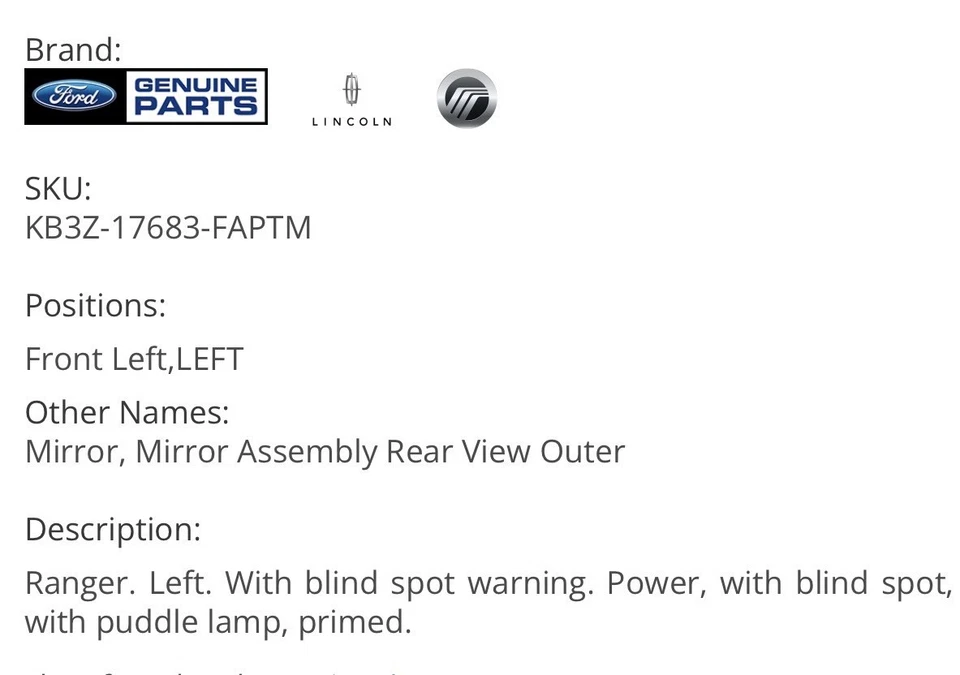 2019-2022 Ford Ranger Left  Mirror W/ Power Fold ,BS, Heated, Turn and puddle  - Image 4 of 4
