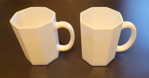 Vintage Set of 2 - Coffee Tea Mugs Cups White Milk Glass Octagon France Arcoroc 