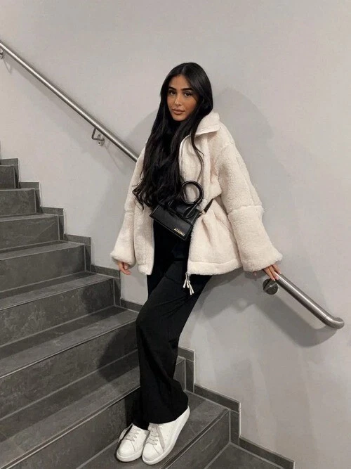 Winter Lamb Wool Plush Coat For Women Thicken Warm Long Sleeve Turtleneck Jacket - Image 4 of 4