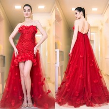 Red 3d Flower Sequin Applique Evening Dresses A-line Strapless Tulle Prom Gowns