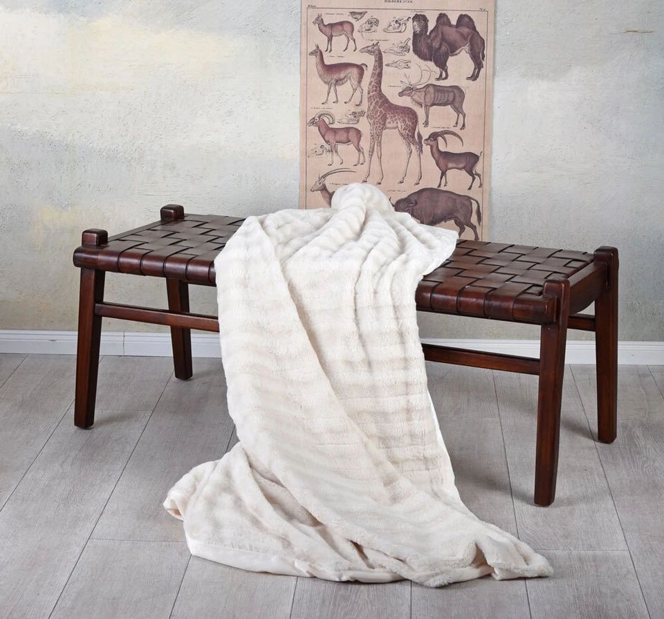 Leder Sitzbank Teak Holz Bank Boho Lederbank Holzbank Vintage Sitzmöbel  - Bild 3 von 4