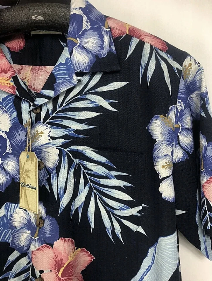 Карибская мужская рубашка XL на пуговицах из шелковой смеси с коротким рукавом гавайская темно-розовая новая с ценниками - Изображение 3 из 4