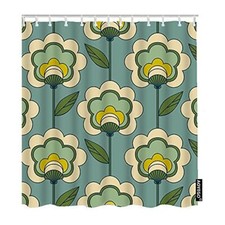 Retro Green Flowers Shower Curtain with Hooks Seventies Sixties Decor Design ...