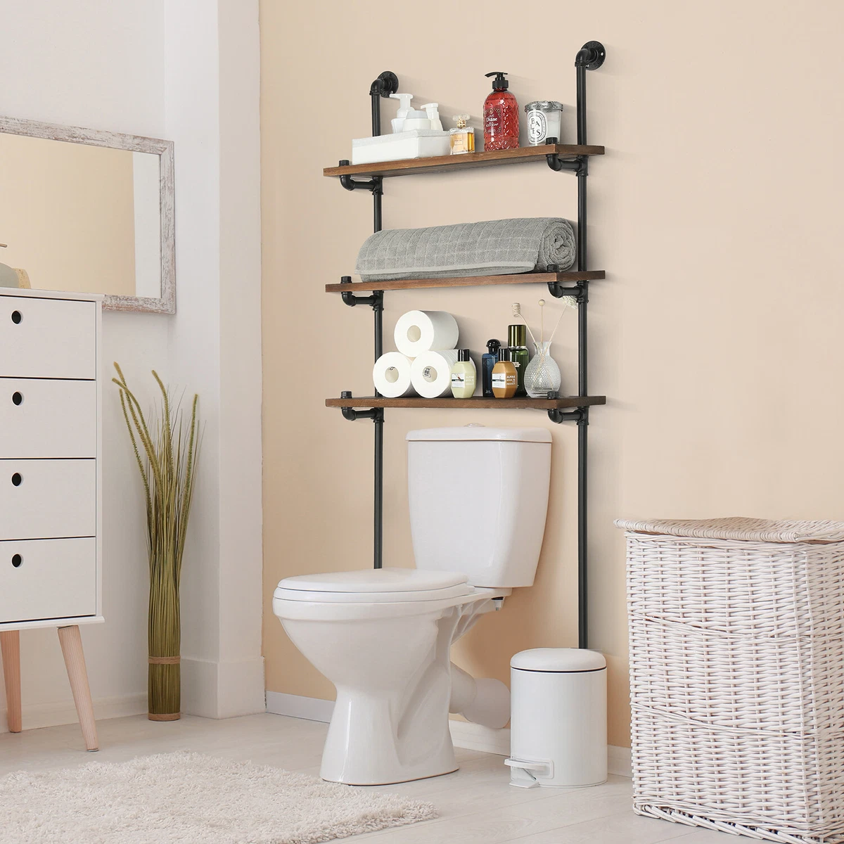 Over-The-Toilet Industrial Pipe & Burnt Wood 3 Tier Bathroom Storage Wall  Shelf