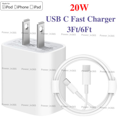 For iPhone 14/13/12/11 Pro XR 8 20W USB-C Fast Charger Adapter PD Charging Cable