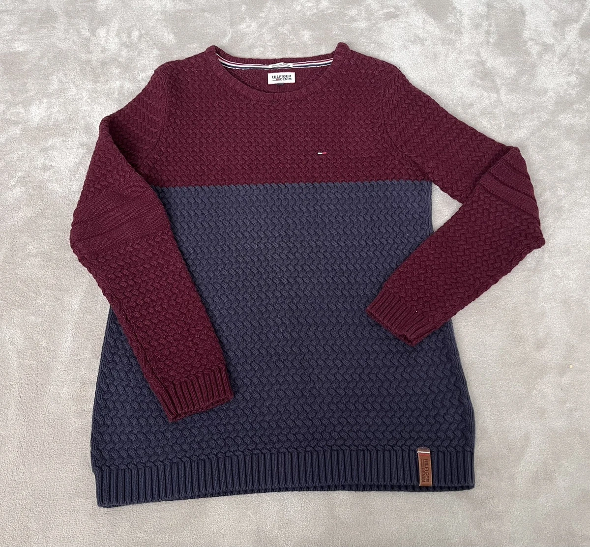 Tommy Hilfiger Denim Jumper Large Blue Red Crewneck Cable Knit