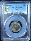 1913-D Buffalo Nickel - PCGS MS 66 - Type 1 - Gold Shield