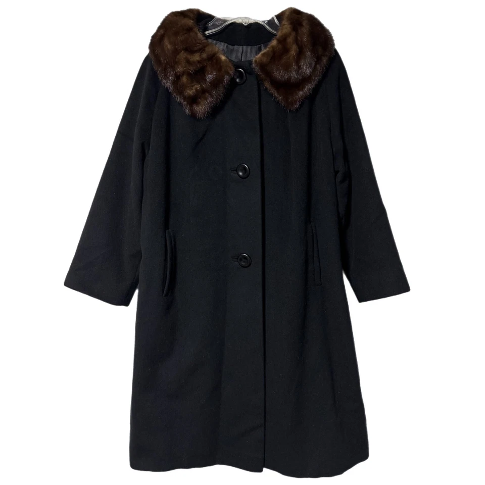 Vintage Women’s Black Cashmere & Mink Collar Swing Mid Long Length Pea Coat M/L - Image 2 of 4