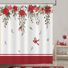 Red White Poinsettias Cardinals Winter Holiday Fabric Shower Curtain 72x72