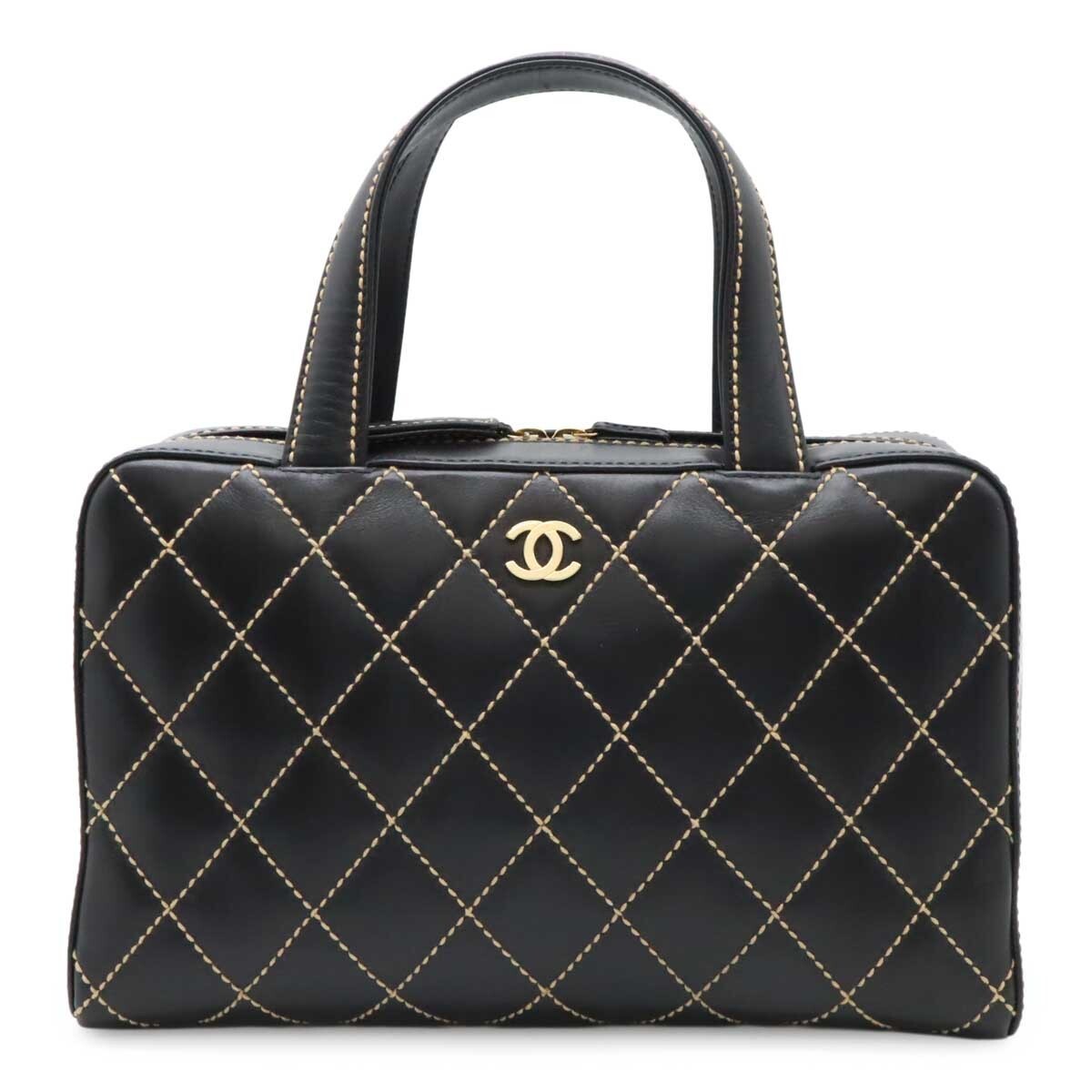 CHANEL Mini Boston Bag in Black Leather with Gold Hardware & Wild Stitch Coco Mark