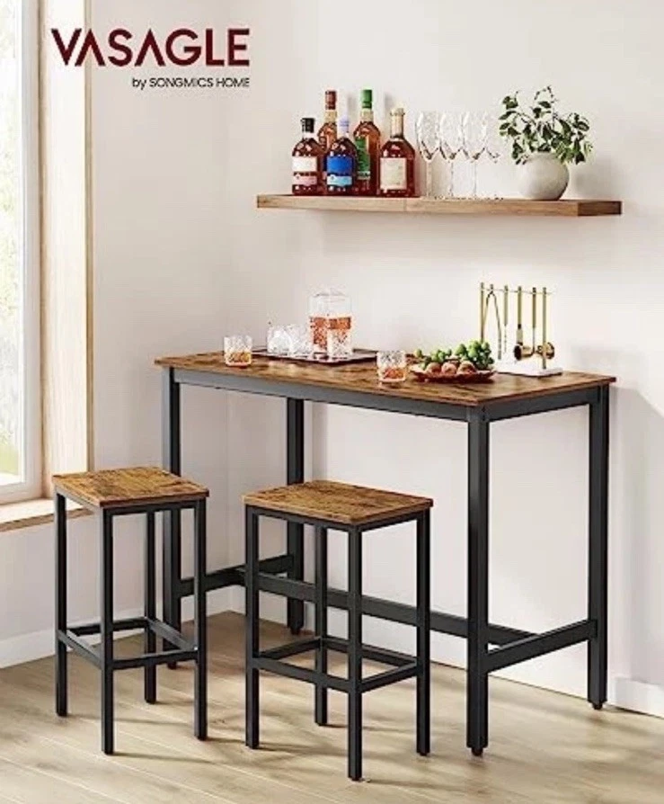 Juego de mesa de bar VASAGLE, con 2 taburetes de bar en marrón rústico y negro ULBT15X Foto 3 de 4
