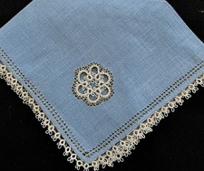 Vintage Hankie Tatted Edge Inset Openwork Handkerchief Blue Ecru Linen EC