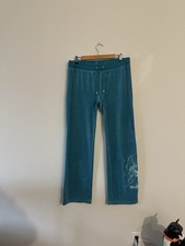 Vintage Y2K BCBG Velour Teal Blue Track Pants Wide Leg L Rhinestone Logo Flap