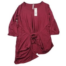 NY Collection Drape Tunic Top Womens Plus 1X Tie Front Burgundy Acaitea NEW