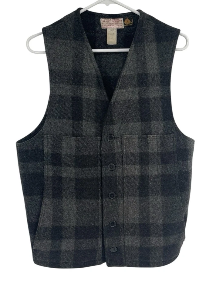 Vintage Filson Mackinaw Wool Vest Mens 42 Gray Black Plaid Button USA Made - Image 2 of 4