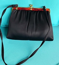 Vintage 1950s Ande' Black Satin Evening Bag Lucite Tortoise Shell Frame