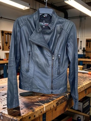 Vera Pelle Women's Charcoal Leather Moto Jacket Italian Craftsmanship Size40