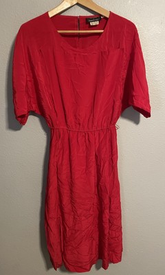 Vintage Womens Midi Dress Size 6 Red Silk Satin Neutral Secretary Old Money 80s