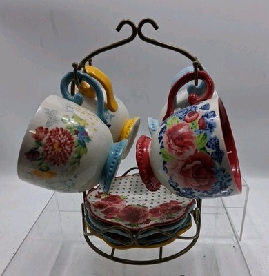 Pioneer Woman Floral Medley Mugs Appetizer Plates & Rack 9Pc Set Stoneware Cups