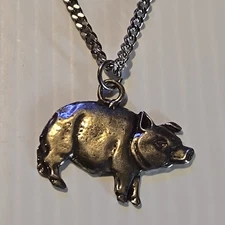 PIG Pewter Pendant Charm /18"-24" STAINLESS CURB CHAIN NECKLACE