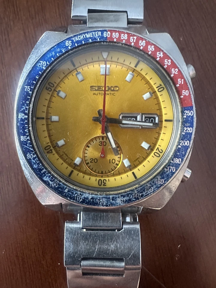 Bisel Seiko 6139-6002 Pogue Pepsi, esfera amarilla, cronógrafo automático Foto 2 de 4