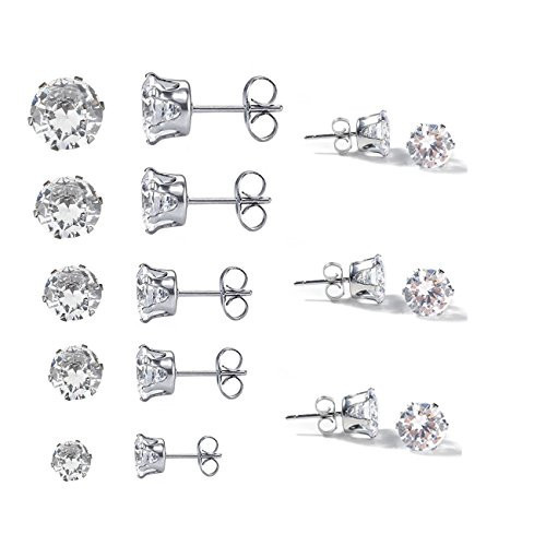 Sexy Sparkles 8 Pairs Women's Stainless Steel Round Clear Cubic Zirconia Stud Ea