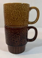 2 Vtg Stackable Coffee Mugs/Cups Light & Dark Brown Embossed Flower Design Japan