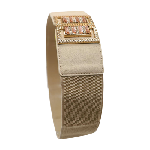 Women Ivory Cream Grey Color Elastic Fashion Belt Gold Bling Square Buckle S M - Picture 3 of 24