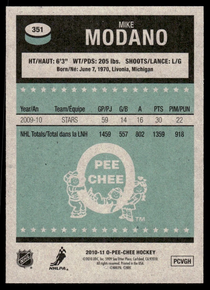 2010-11 O-Pee-Chee RETRO Mike Modano Detroit Red Wings #351 R139 - Image 2 of 2