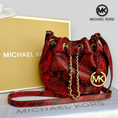 Michael Kors Frankie Python Embossed Leather Drawstring Bucket Bag in Dark Red