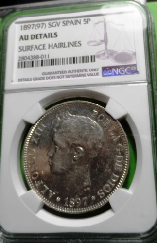 NGC AU   ALFONSO XIII 1897  Stars 18-97  5 Pesetas Silver SPAIN 