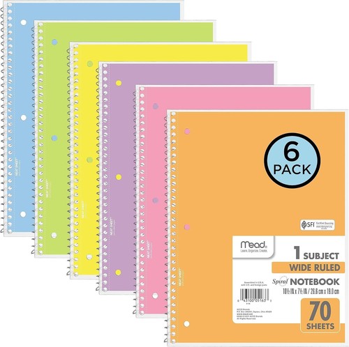 Spiral Notebooks, 6 Pack, 1-Subject, Wide Ruled Paper, 8" x 10-1/2", 70 Sheets