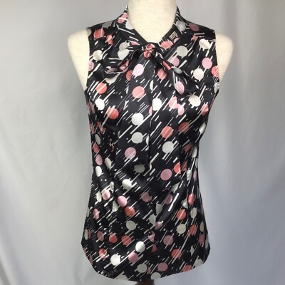 VTG Y2K Miss Sixty Size XS Blouse Tie Neck Scarf Sleeveless Geo Dot Black Pink