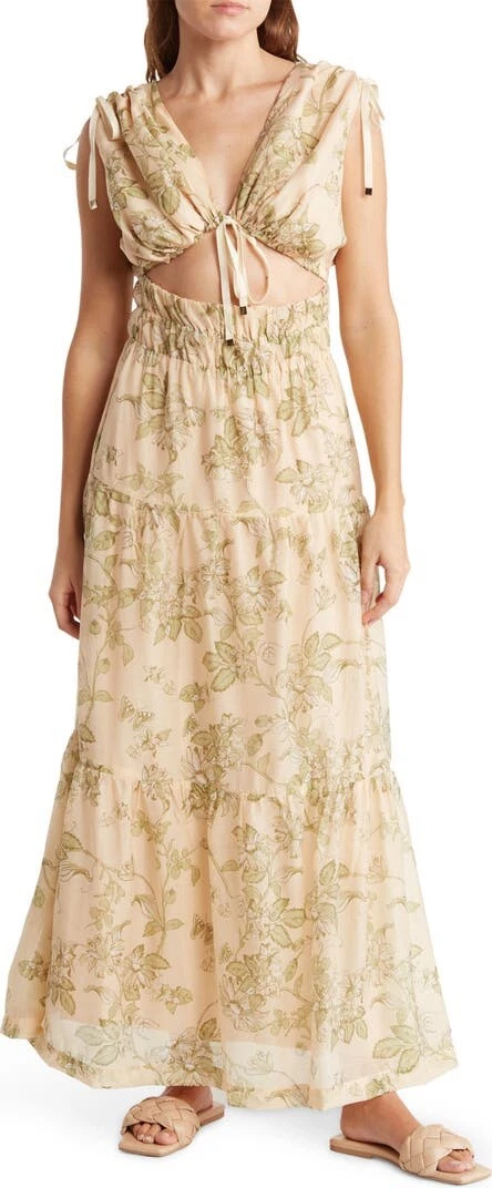 Mon Renn Wildflower Maxi Dress Beige Green Floral Print NWT M US