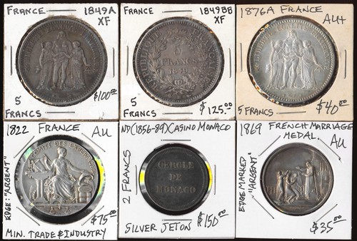 🔥 3 FRANCE SILVER 5 FRANCS & 3 SILVER MEDALS (1822-1889) NICE! CV $500+🔥⚡️NR⚡️