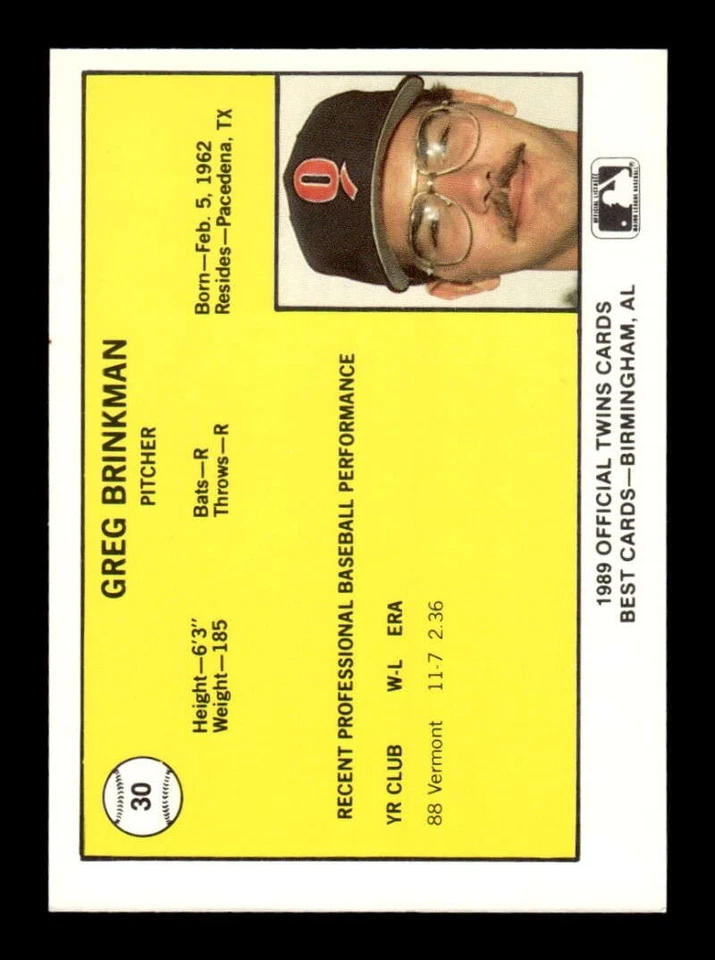 1989 Best Orlando Twins 30 Greg Brinkman BXCP12 - Image 2 of 2