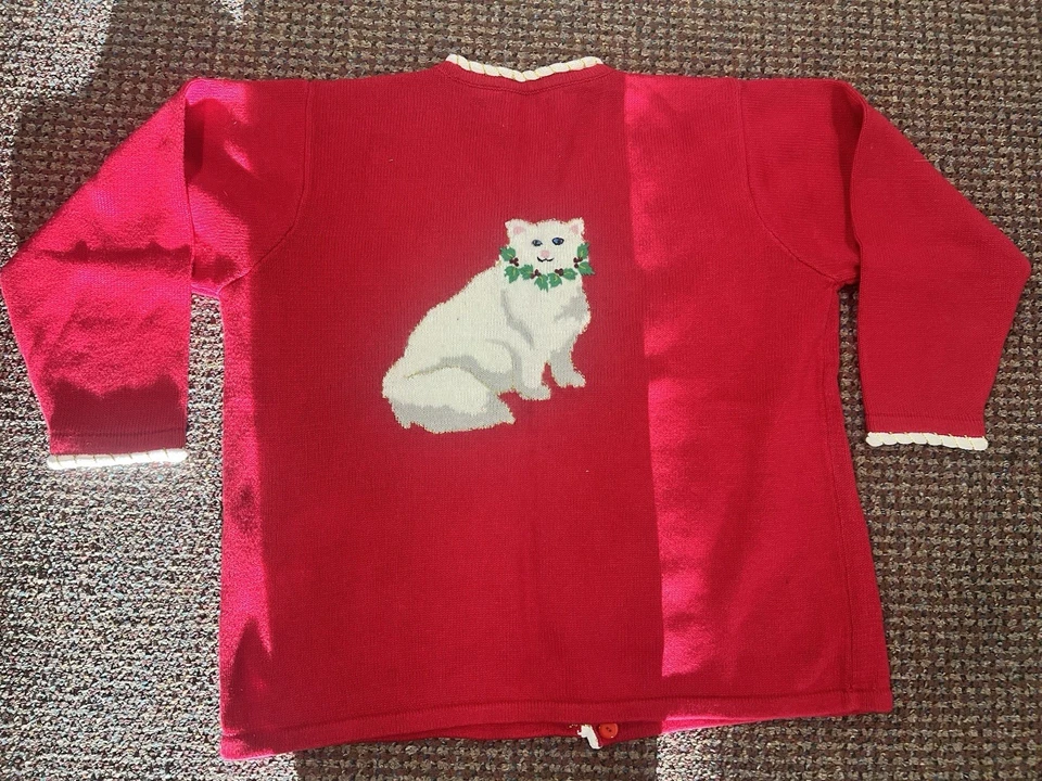 Vtg Storybook Knits cardigan sweater featuring a cat design with a holiday theme - Image 3 of 3