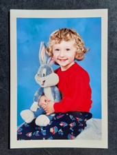 Found Photo Color Cute Blue-Eyed Blond Little Boy with Bugs Bunny Stuffed Animal