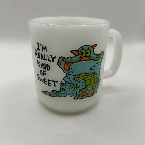 Vintage Glassbake USA Milkglass Mug #38 “I’m Really Kind Of Sweet” Monster