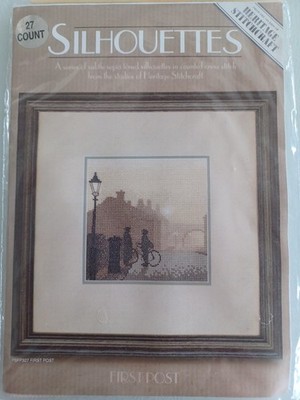 NEU, UNBENUTZT, SILHOUETTEN, SEPIA GETÖNT, GEZÄHLTER KREUZSTICH ''ERSTER POST''.