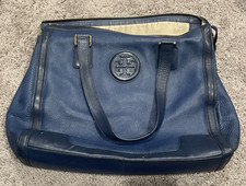 Tory Burch Satchel Handbag Large Blue Pebbled Leather Dual Handles Footed