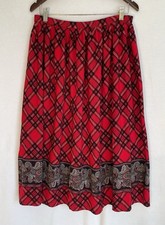Vtg Plaid Midi Skirt 10 Paisley Lightweight Elastic Waist M Red Black