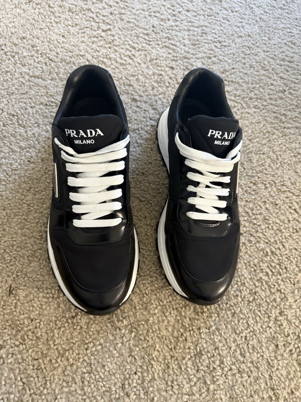 Prada Men’s Triangle Logo Re-Nylon Sneakers, Black, Size 10