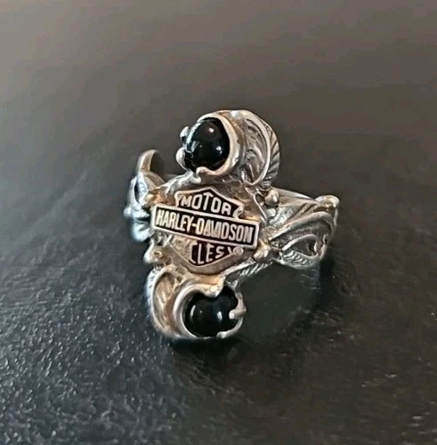 HARLEY DAVIDSON RING WOMEN' S SZ 7.5 STERLING SILVER  ONYX  FLORAL - VINTAGE